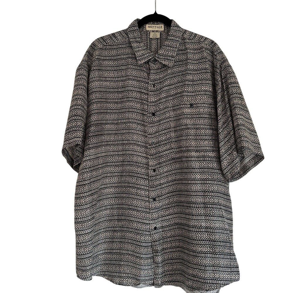 Vintage Montage Pour Homme 100% Silk Short Sleeve Shirt Geo Print L Rare 90s